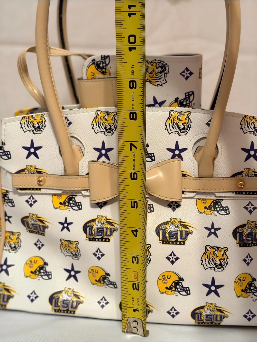 LSU Themed White & Tan Satchel Bag with Bow Accent & matching accessory pouch